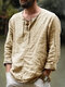 Mens Solid Lace-Up Neck 100%Cotton Long Sleeve T-Shirt - Khaki