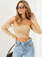 Solid Backless Ribbed Knit Off The Shoulder Long Sleeve Crop Top - Khaki