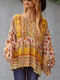 Bohemian Flower Print Button Long Sleeve Knotted Blouse - Yellow