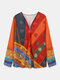 Ethnic Printed Long Sleeve V-neck Zip Front Sweatshirt For Women - Orange