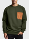 Mens Contrast Chest Pocket Crew Neck Casual Pullover Sweatshirts Winter - Army Green