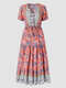 Floral Print Drawstring Button Short Sleeve V-neck Bohemian Dress - Pink