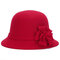 Women Vintage Imitation Wool Flower Felt Dress Hat Warm Sunshade Cloche Bucket Cap - Red