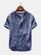 Mens Cotton Linen Breathable Vintage Short Sleeve Shirts - Blue