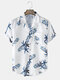 Mens Plant Print Revere Collar Holiday Short Sleeve Shirts With Pocket - White