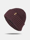 Men Acrylic Knitted Plus Velvet Solid Color Geometric Jacquard Letter Cloth Label Cuffed Brimless Beanie Hat - Wine Red