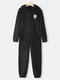Plus Size Women Plush Christmas Patched Zip Front Hooded Onesies Pajamas - Black1