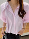 Solid Puff Sleeve Lapel Blouse For Women - Pink