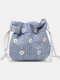Women Straw Daisy Pattern Print Handmade Lace Bag Beach Bag Bucket Bag Crossbody Bag - Blue