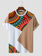 Mens Ethnic Totem Color Block Patchwork Short Sleeve T-Shirts - Khaki