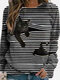 Cat Print Long Sleeve Black Striped Plus Size T-shirt - White