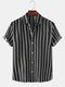 Mens Basic Stripes Print Loose Casual Light Short Sleeve Shirts - Black
