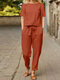 Women Casual Solid Pocket Knotted Two Pieces Suit - Orange