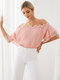 Solid Off the Shoulder Ruffle Short Sleeve Loose Blouse - Pink