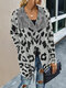 Leopard Printed Long Sleeve Lapel Collar Cardigan For Women - Grey