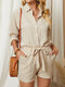 Plain Long Sleeve Shirt & Tie Waist Shorts Suit for Women - Apricot