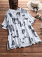 Vintage Print Stand Collar Button High Low Plus Size Shirt - White