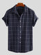 Mens 100% Cotton Plaid Short Sleeve Turndown Collar Casual Shirt - Navy