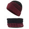 Mens Wool Velvet Knit Hat Scarf Winter Vogue Keep Ear Neck Warm Skiing Cycling Scarf Beanie Set - Wine Red