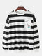 Mens Cotton Basic Striped Pattern Print Loose Fit Leisure Pullover Sweatshirts - Black