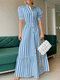 Women Striped Lapel Tiered Design Puff Sleeve Maxi Dress - Blue