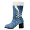Women Denim Cloth Warm Plush Lining Belt Buckle Chunky Heel Snow Boots - Light Blue