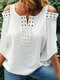 Women Cold Shoulder Splice Notched Neck 3/4 Sleeve Blouse - White