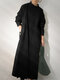 Loose Solid Button Slit Hem Pocket Casual Dress For Women - Black