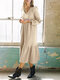 Solid Color Pleated V-neck Long Sleeve Casual Dress for Women - Beige