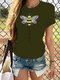Bee Letter Print Short Sleeve O-neck Casual T-shirt For Women - Army Green