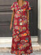 Vintage Flowers Print Short Sleeve Plus Size Maxi Dress - Red
