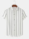 Mens Plain Striped Button Up Casual Short Sleeve Shirts - White