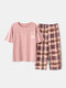 Plus Size Women Cute Cartoon Print Ruffle Trims Short Sleeve Pajama Sets - Pink