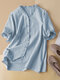 Lace Trim Solid Button Front V-neck Short Sleeve Blouse - Blue