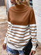 Striped Patch High Neck Casual Women Sweater - Brown