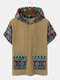 Camisetas con capucha de manga corta con doble bolsillo y estampado geométrico tribal para hombre - Caqui