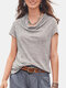 Women Solid Ruffled Neck Short Sleeve Casual T-shirt - Grey