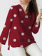 Dot Print V-neck Slit Hem Long Sleeve Women Blouse - Red