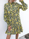 Floral Print Puff Long Sleeves Shirred Half-collar Dress - Yellow