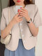 女性用ソリッドボタンポケット半袖Vネックブレザー - カーキ