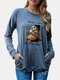 Women Sloth Print Pocket Long Sleeve O-neck Casual T-Shirt - Gray
