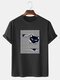 Mens Cartoon Cat Pinstripe Print O-Neck Cotton Cute Short Sleeve T-Shirts - Black