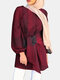 Ethnic Plaid Print Puff Sleeves Casual Blouse For Women - Wine Red