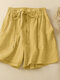 Women Solid Tie Waist Cotton Casual Shorts With Pocket - Yellow