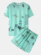 Mens Cotton Character Print Loose Casual Thin O-Neck Two Pieces Outfits - Green