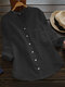 Solid Pocket Long Sleeve Button Stand Collar Blouse - Black