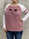 Plus Size Cat Print Striped Contrast Color O-neck Casual T-shirt - Red