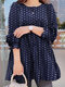 Women Polka Dot Tiered Design Crew Neck Long Sleeve Blouse - Dark Blue