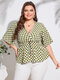 Plus Size Green V-neck Plaid Half Sleeves Blouse - Green