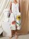 Calico Print Button Pocket Sleeveless V-neck Dress For Women - White